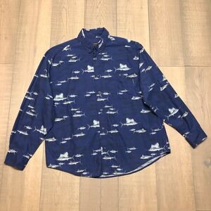 Woolrich Shirt Mens Size XL Blue Swordfish Marlin Saltwater Fishing Button Up